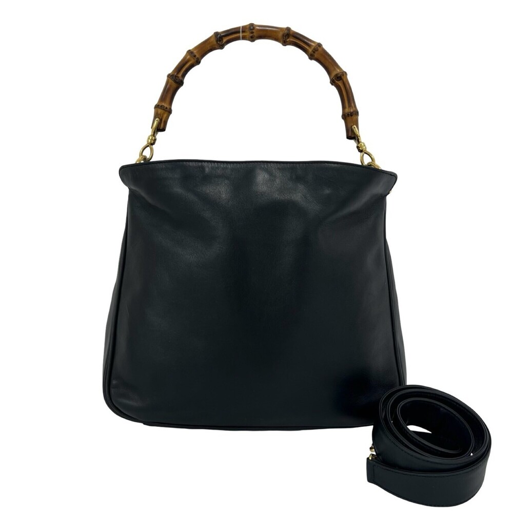 GUCCI Vintage Bamboo Leather 2-Way Handbag/Shoulder Bag, Navy Blue, Item No. ...